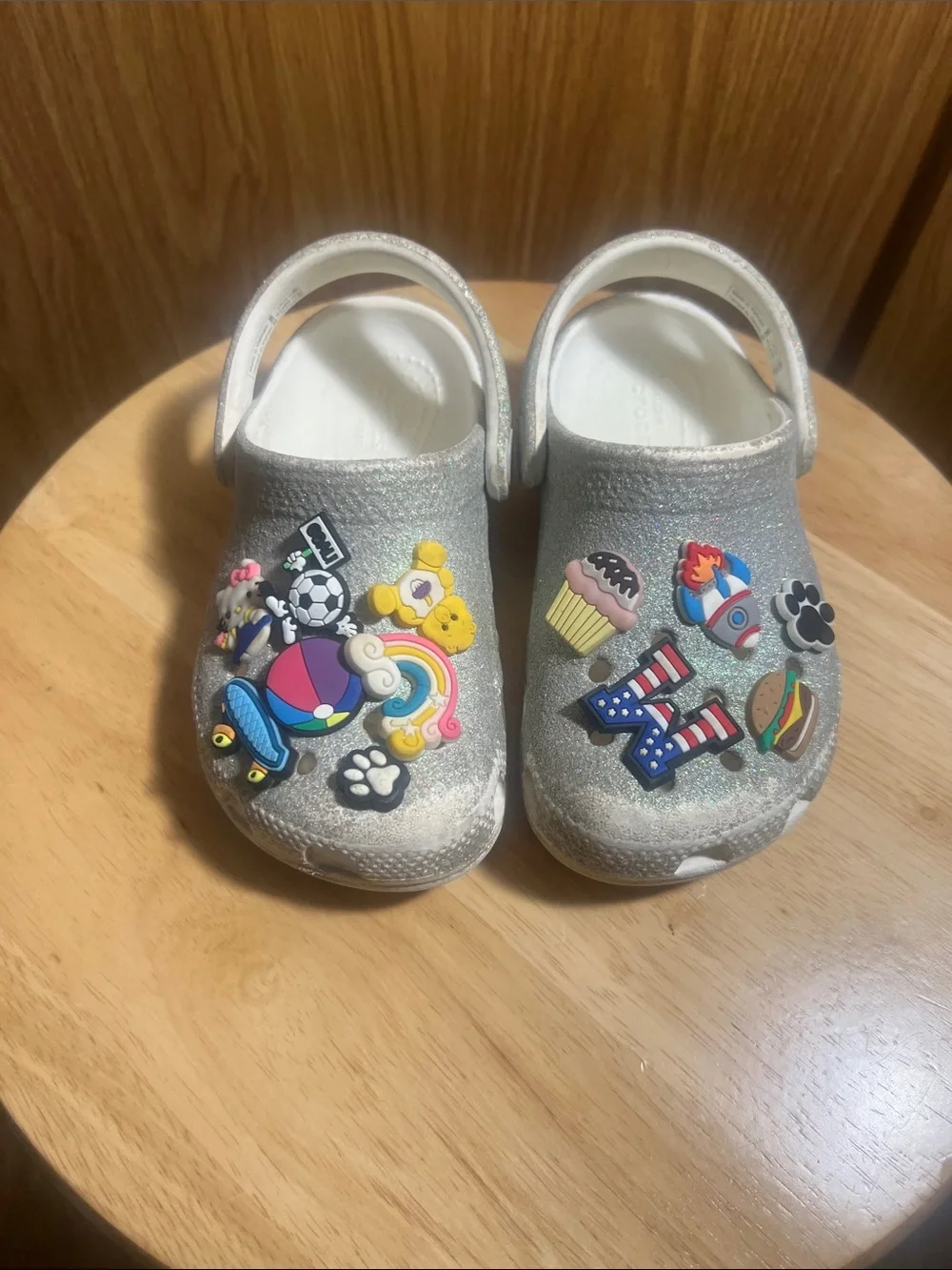 CROCS Kids Glittery Silver Clog Sandals with Colorful Jibbitz Charms